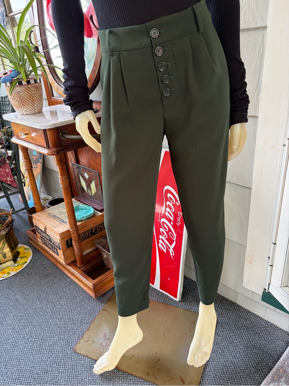 Anthropologie High-Waist Olive Green Button-Front Tapered Pants